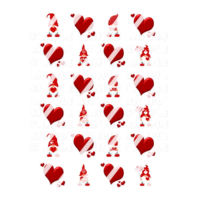 Valentines Day -  Gnome Red Hearts Valentine's Day Nail Art Decals- Waterslide Nail Decals - Design #2