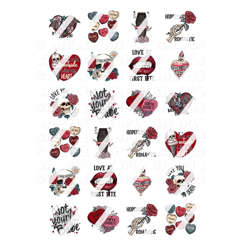 Spooky Gothic Valentine's Day Nail Art Decals- Waterslide Nail Decals